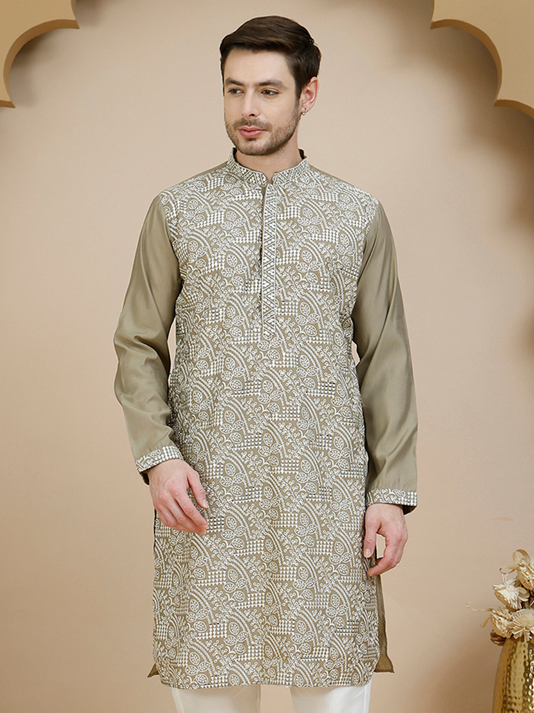 Embroidered Silk Blend Kurtas for Men ( KO 5245 Beige ) [FF] [I-1-4]