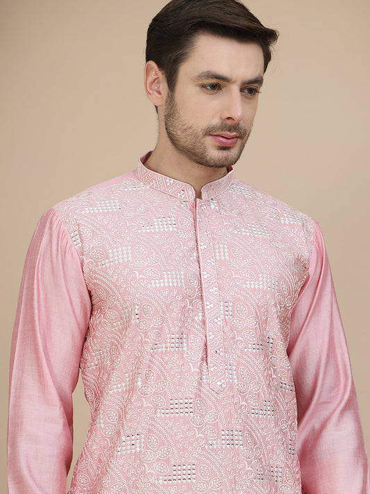 Embroidered Silk Blend Kurtas for Men ( KO 5245 Pink )