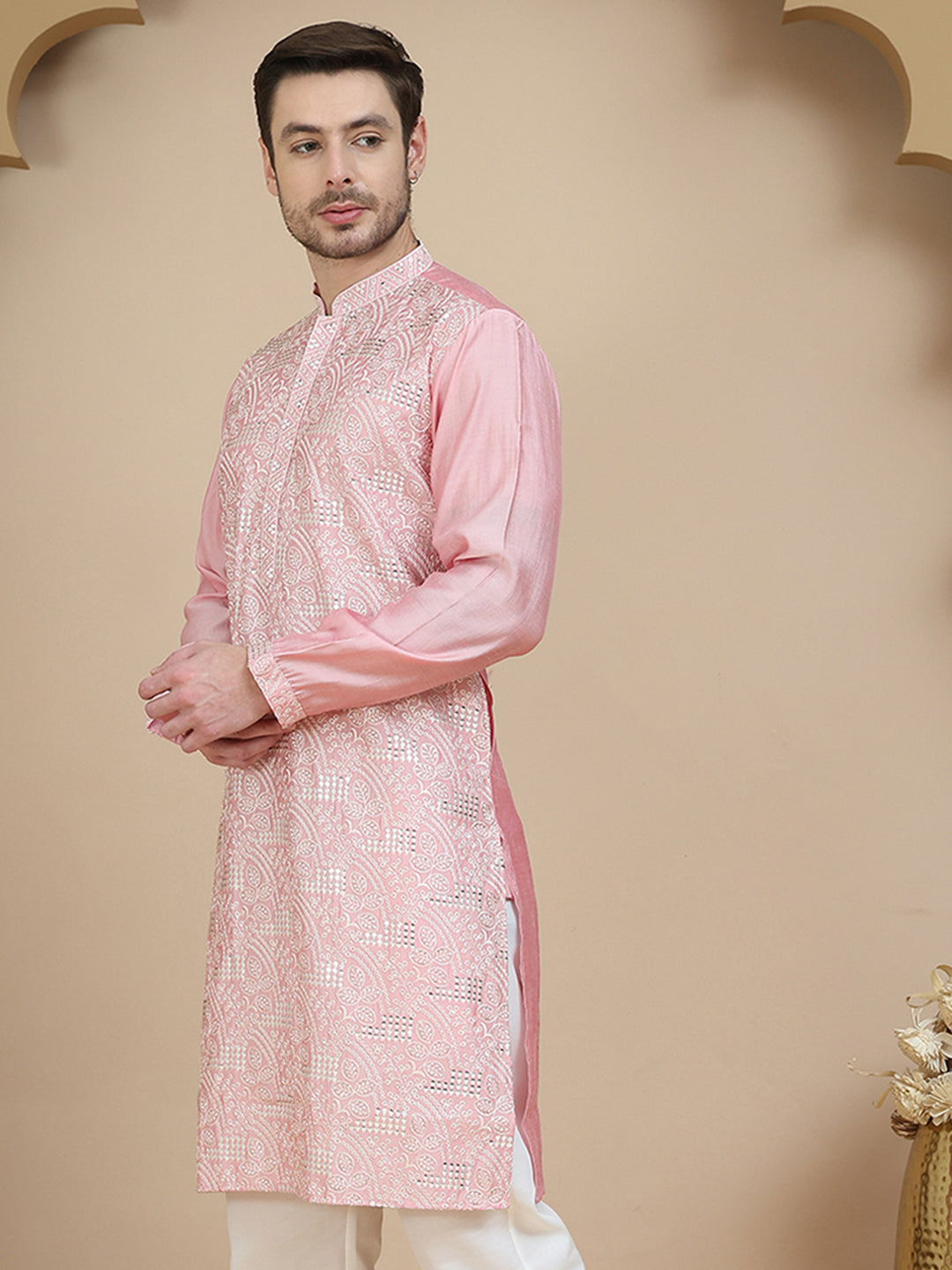 Embroidered Silk Blend Kurtas for Men ( KO 5245 Pink )