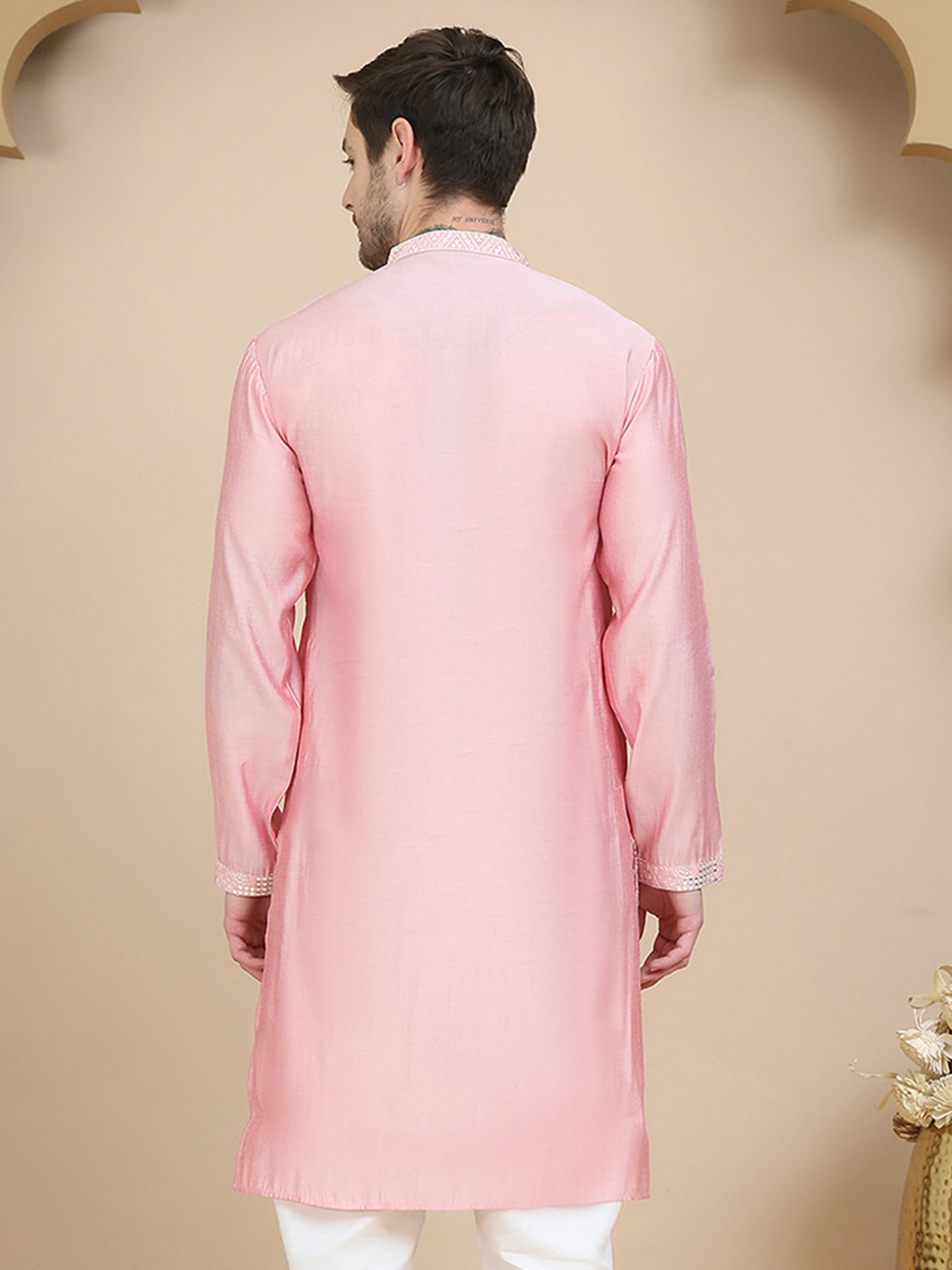 Embroidered Silk Blend Kurtas for Men ( KO 5245 Pink )