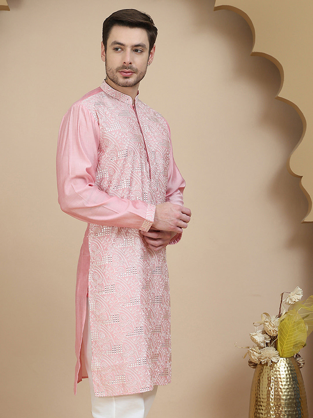 Embroidered Silk Blend Kurtas for Men ( KO 5245 Pink )