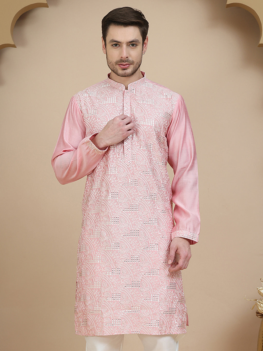 Embroidered Silk Blend Kurtas for Men ( KO 5245 Pink )