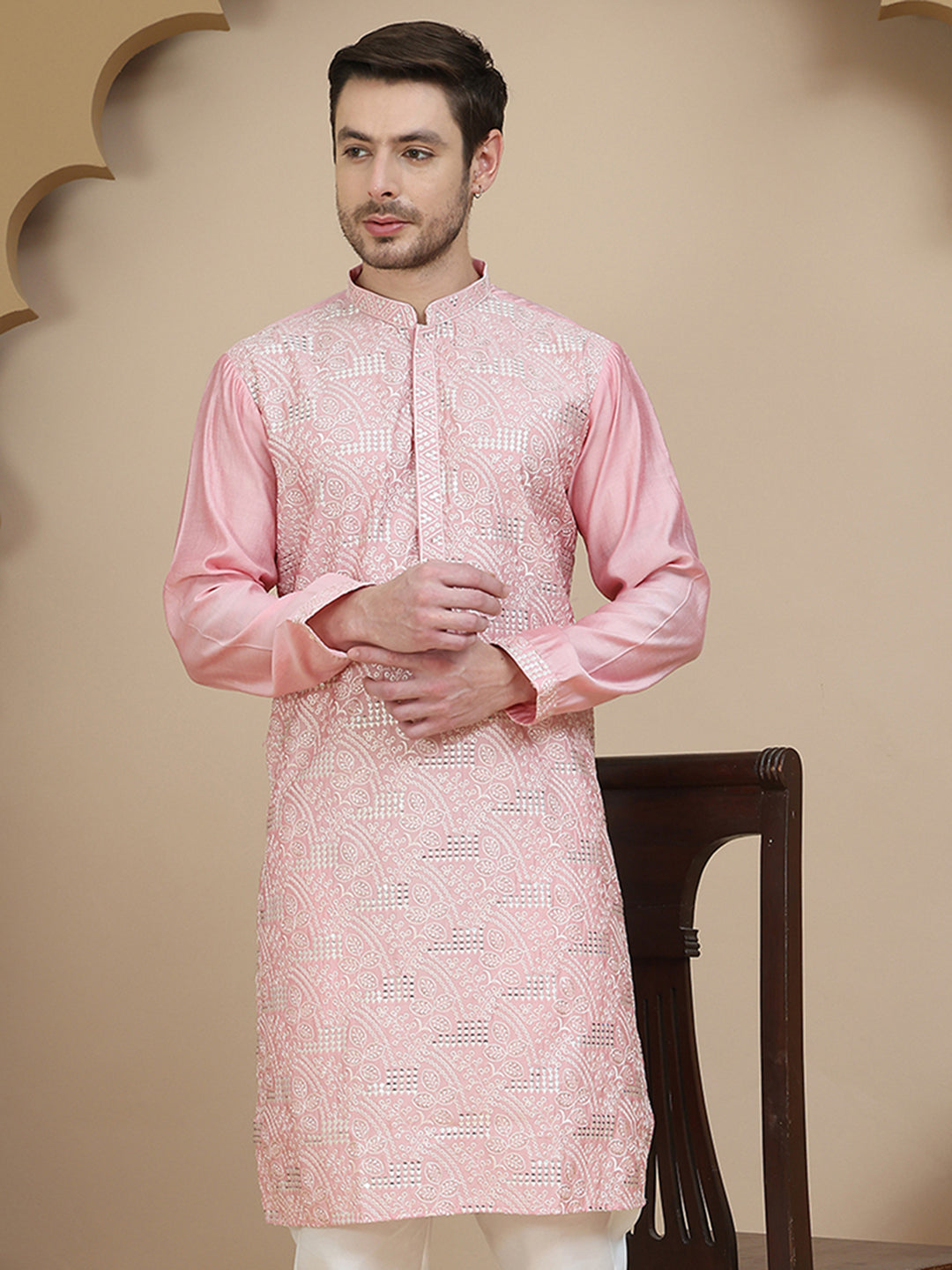 Embroidered Silk Blend Kurtas for Men ( KO 5245 Pink )