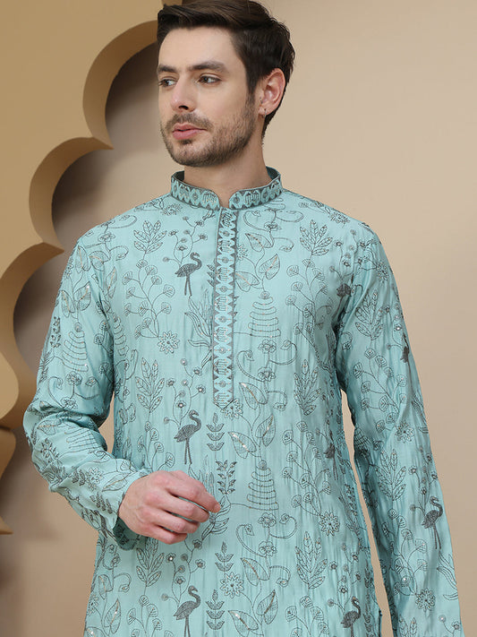 Embroidered Silk Blend Kurtas for Men ( KO 5246 Blue )