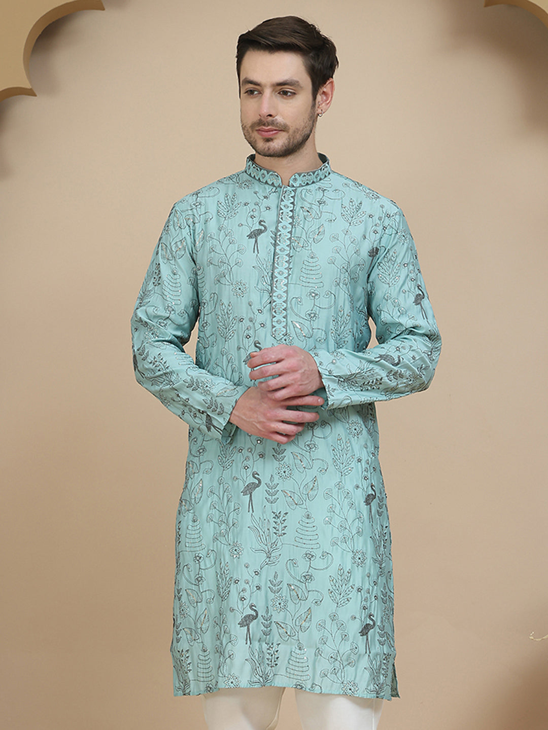 Embroidered Silk Blend Kurtas for Men ( KO 5246 Blue )