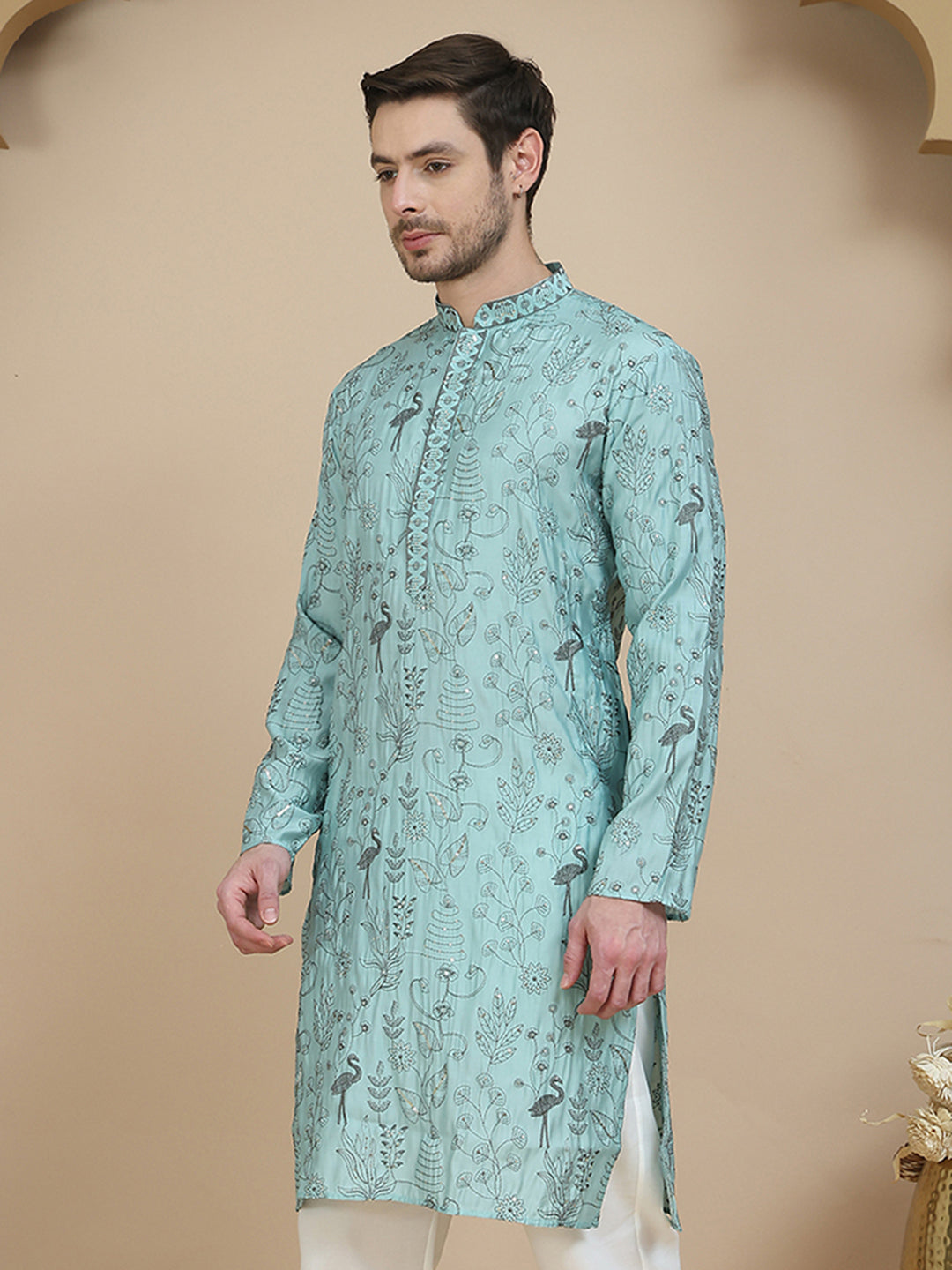 Embroidered Silk Blend Kurtas for Men ( KO 5246 Blue )
