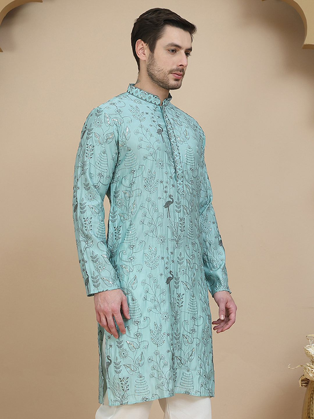 Embroidered Silk Blend Kurtas for Men ( KO 5246 Blue )