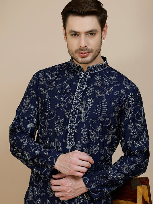 Embroidered Silk Blend Kurtas for Men ( KO 5246 Navy )