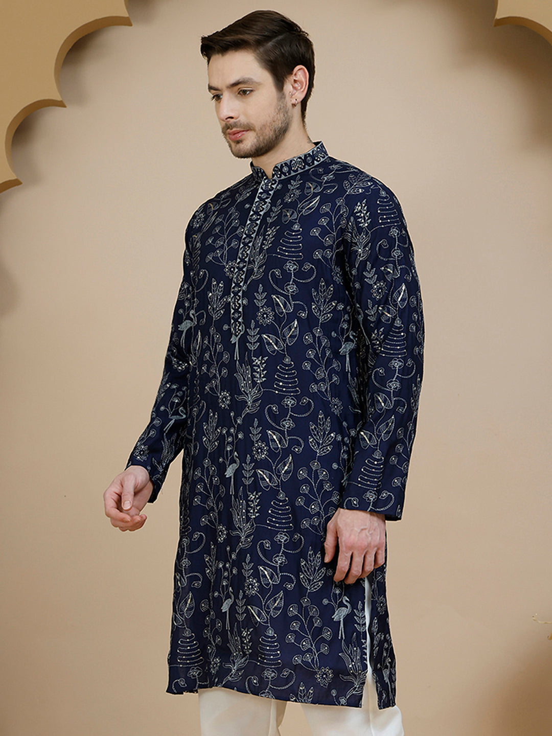 Embroidered Silk Blend Kurtas for Men ( KO 5246 Navy )