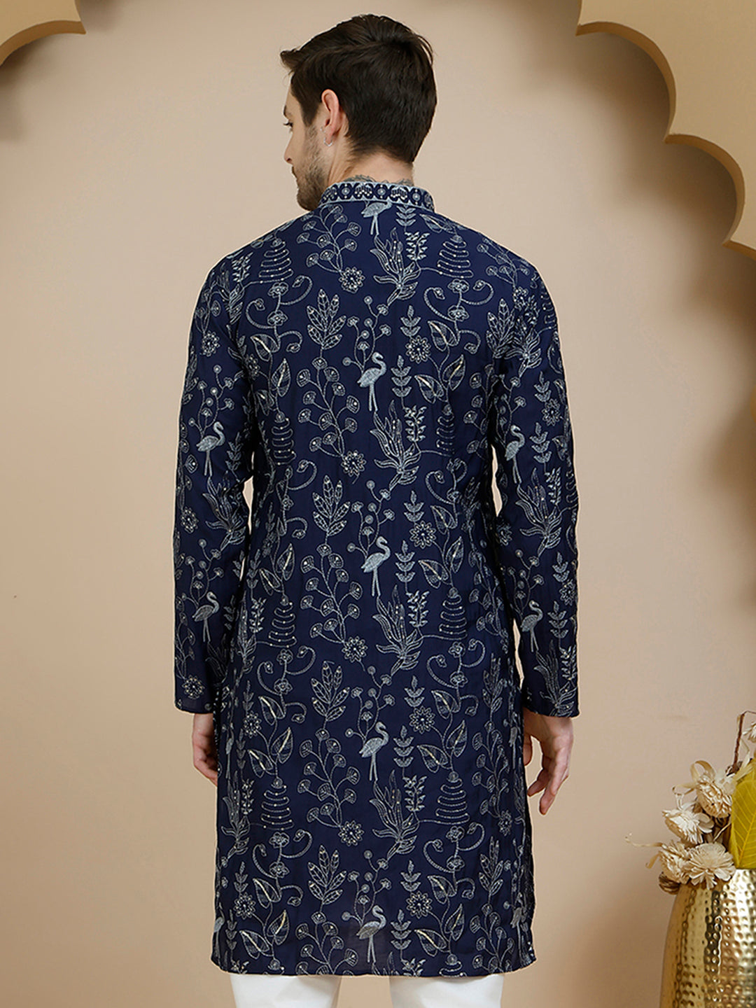 Embroidered Silk Blend Kurtas for Men ( KO 5246 Navy )
