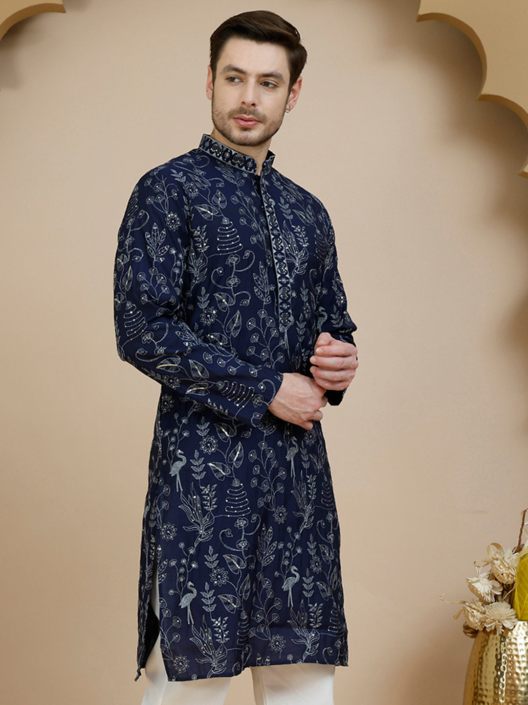Embroidered Silk Blend Kurtas for Men ( KO 5246 Navy )