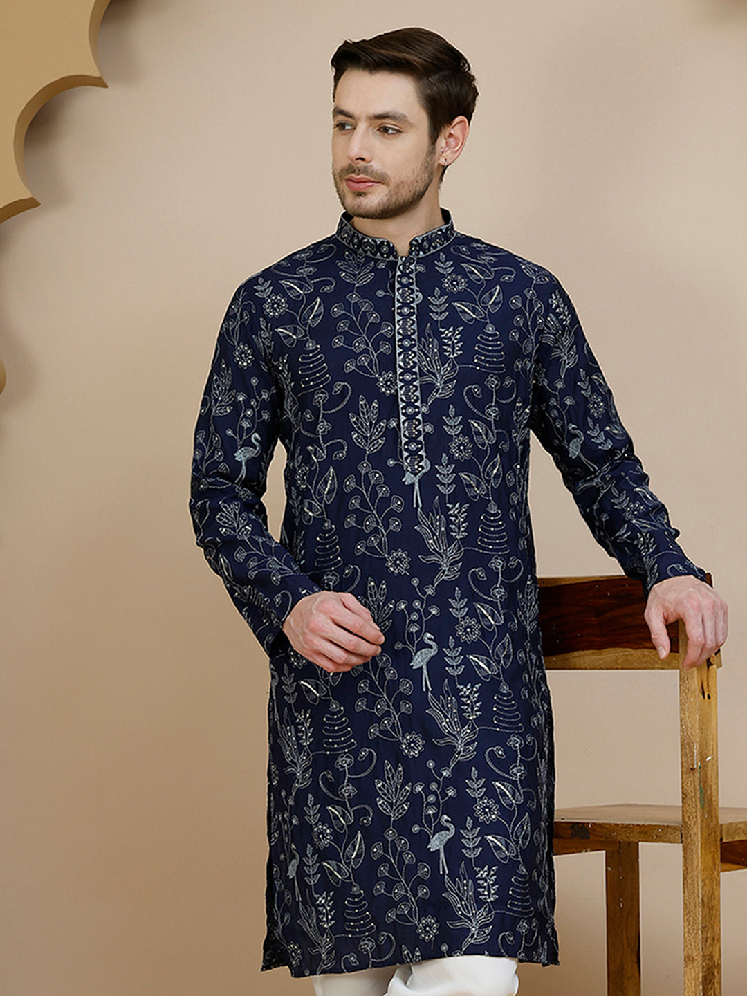 Embroidered Silk Blend Kurtas for Men ( KO 5246 Navy )