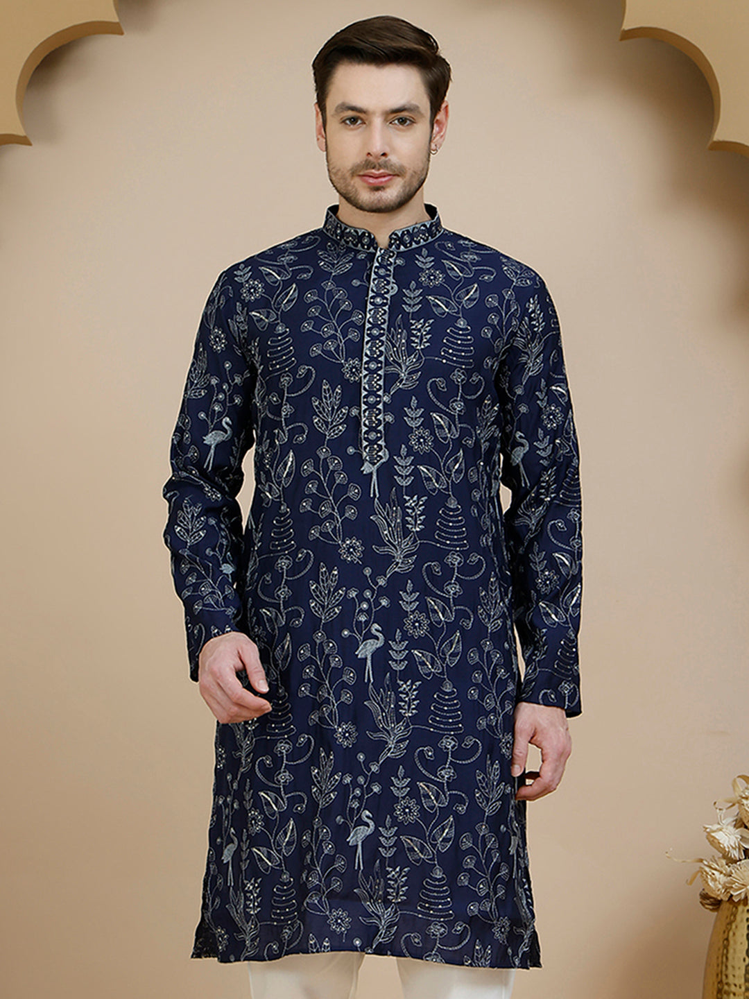 Embroidered Silk Blend Kurtas for Men ( KO 5246 Navy )
