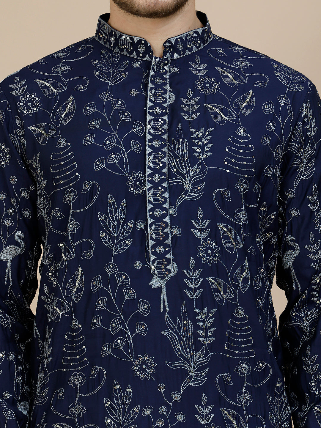 Embroidered Silk Blend Kurtas for Men ( KO 5246 Navy )