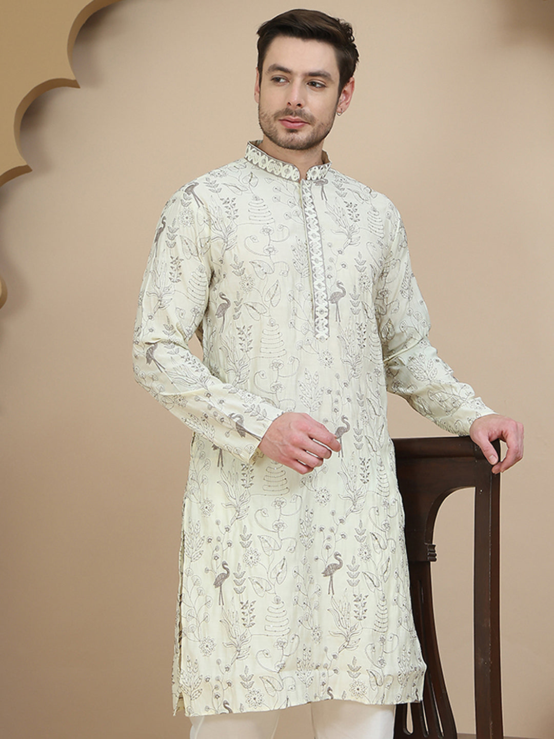 Embroidered Silk Blend Kurtas for Men ( KO 5246 White )