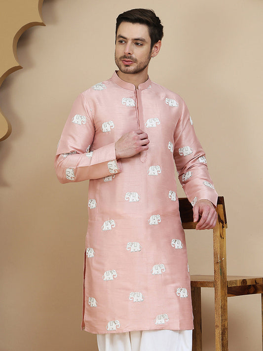 Elephant Embroidered Silk Blend Kurtas for Men ( KO 5247 Peach )