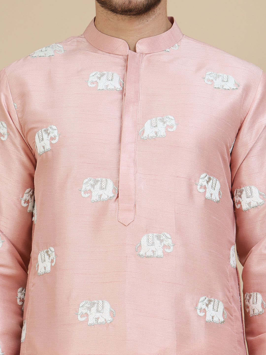 Elephant Embroidered Silk Blend Kurtas for Men ( KO 5247 Peach )