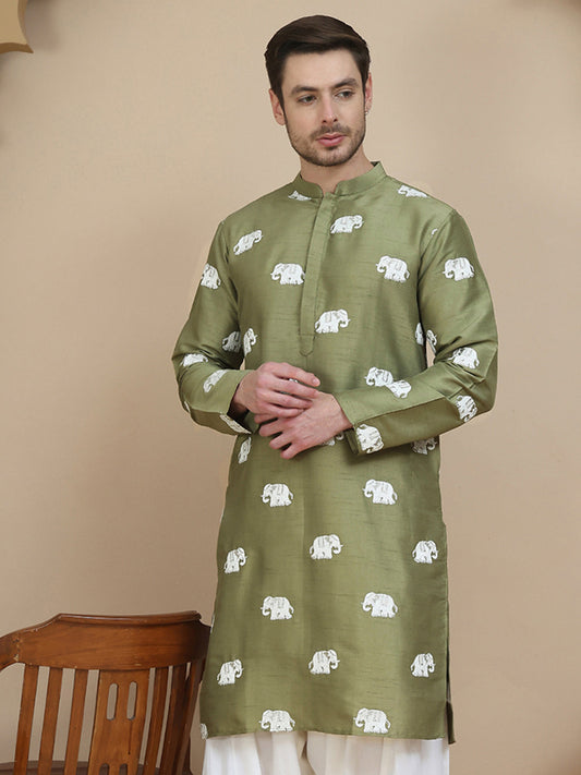 Elephant Embroidered Silk Blend Kurtas for Men ( KO 5247 Pista )