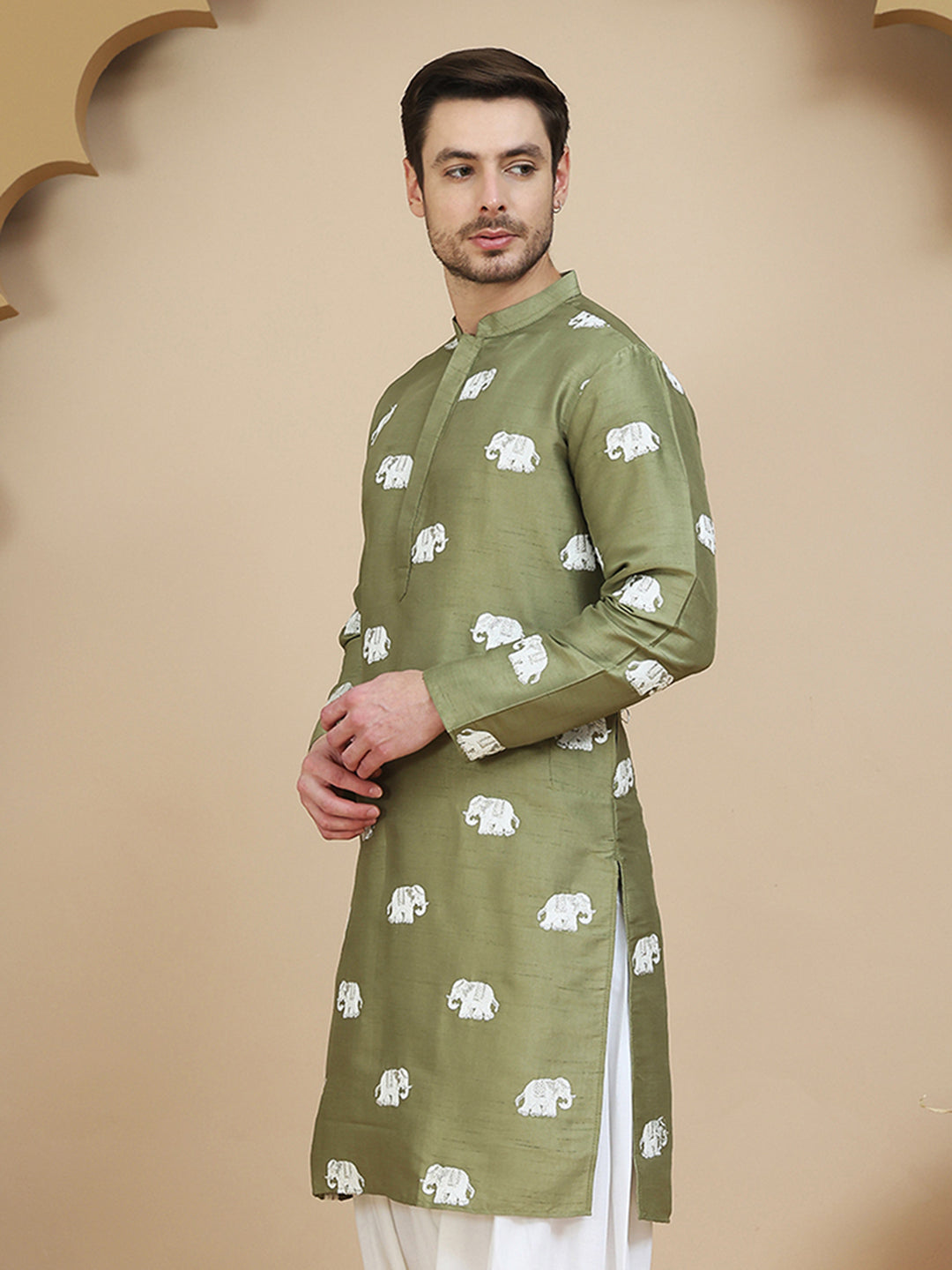 Elephant Embroidered Silk Blend Kurtas for Men ( KO 5247 Pista )