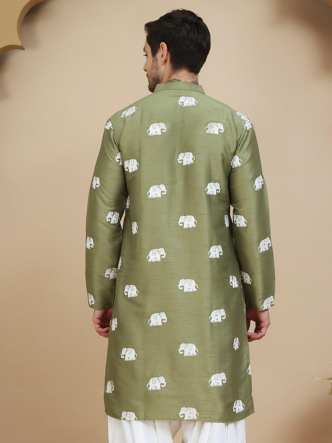 Elephant Embroidered Silk Blend Kurtas for Men ( KO 5247 Pista )