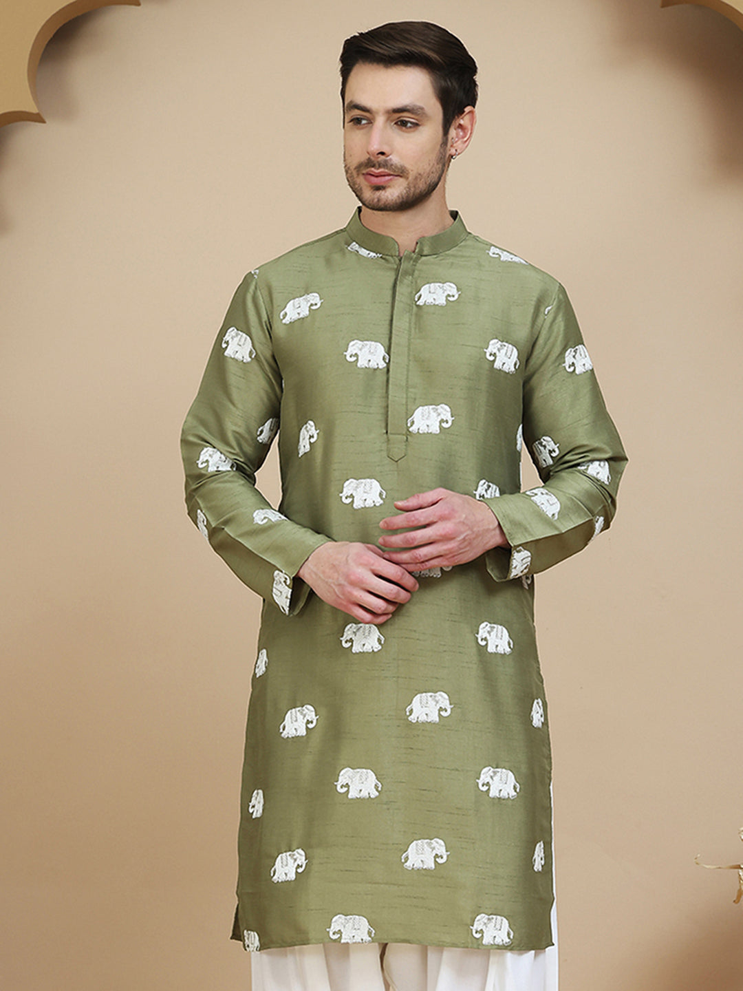 Elephant Embroidered Silk Blend Kurtas for Men ( KO 5247 Pista )