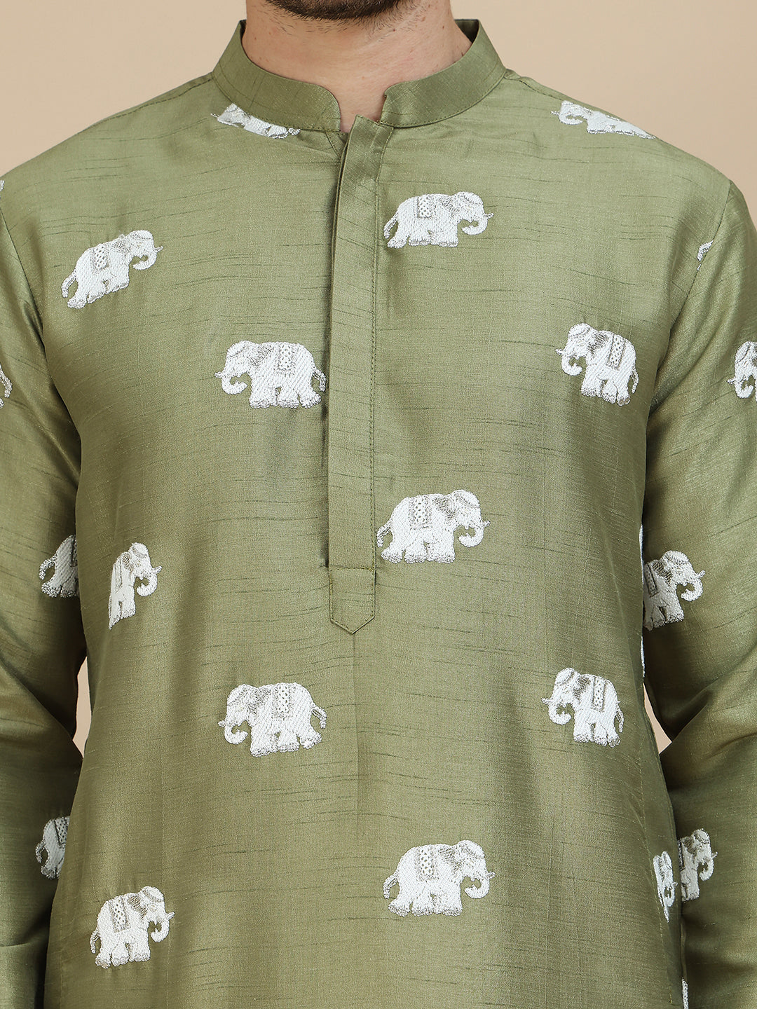 Elephant Embroidered Silk Blend Kurtas for Men ( KO 5247 Pista )