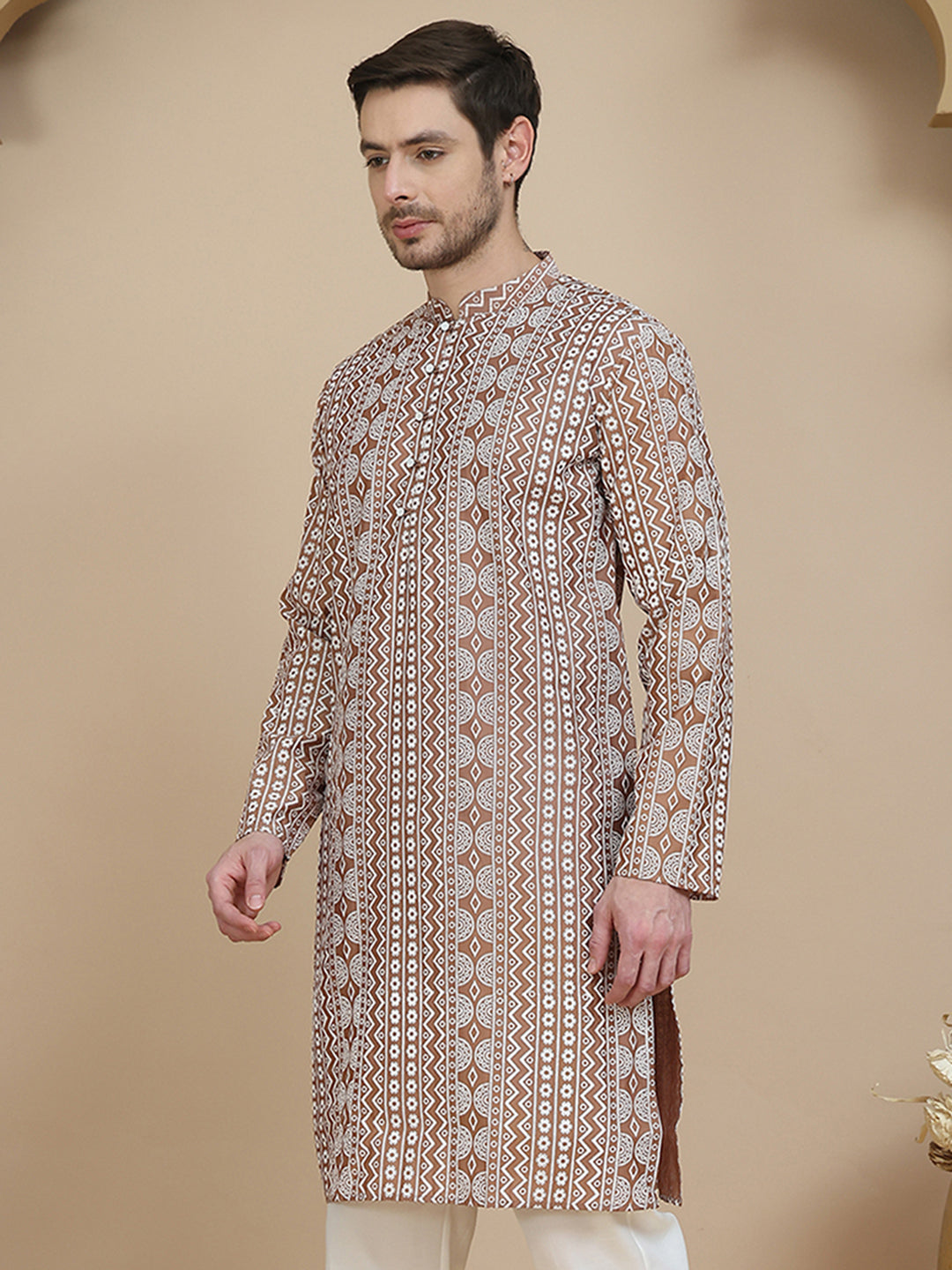Geometric Print Silk Blend Straight Kurtas for Men ( KO 5250 Brown )