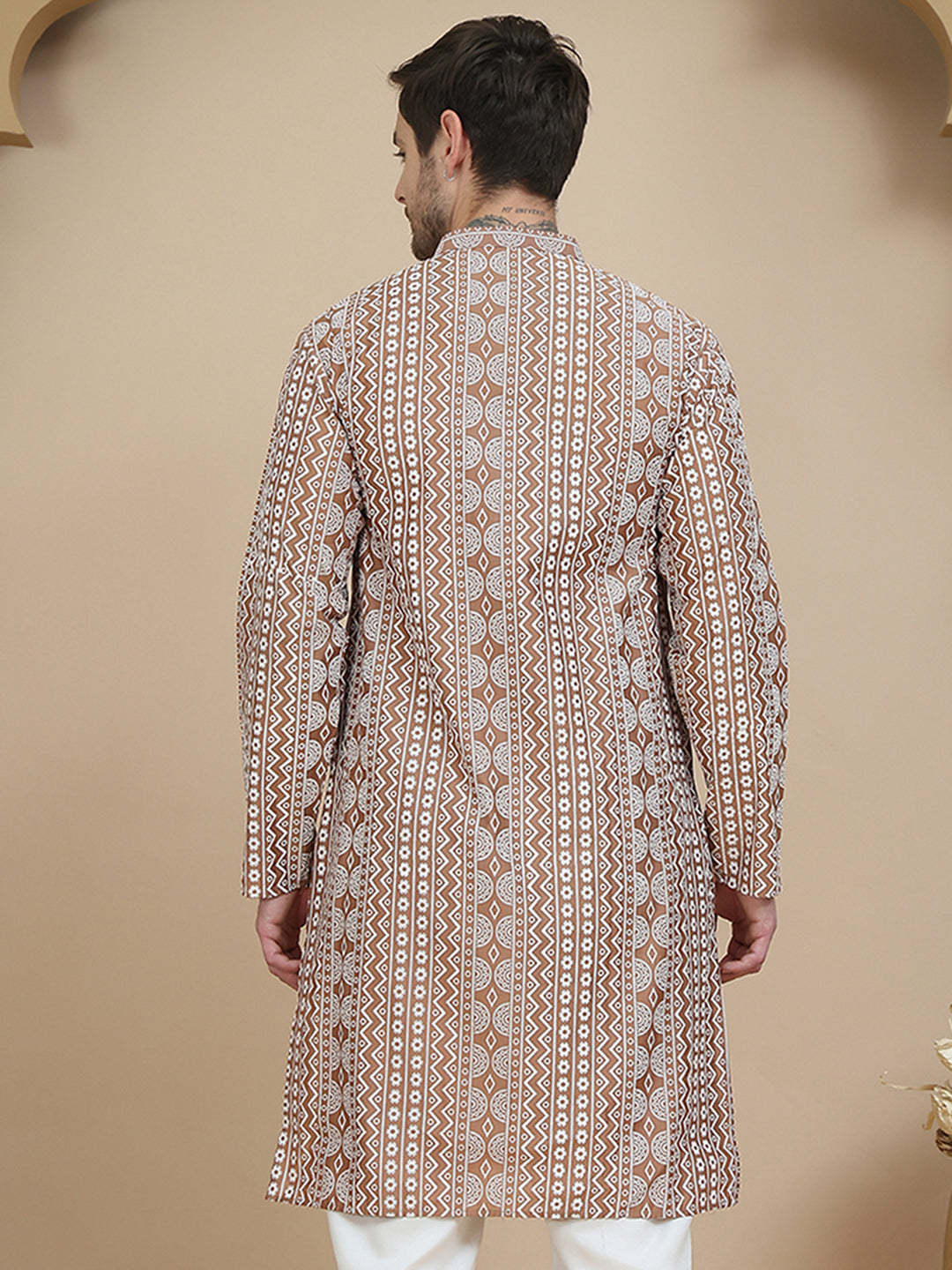 Geometric Print Silk Blend Straight Kurtas for Men ( KO 5250 Brown )
