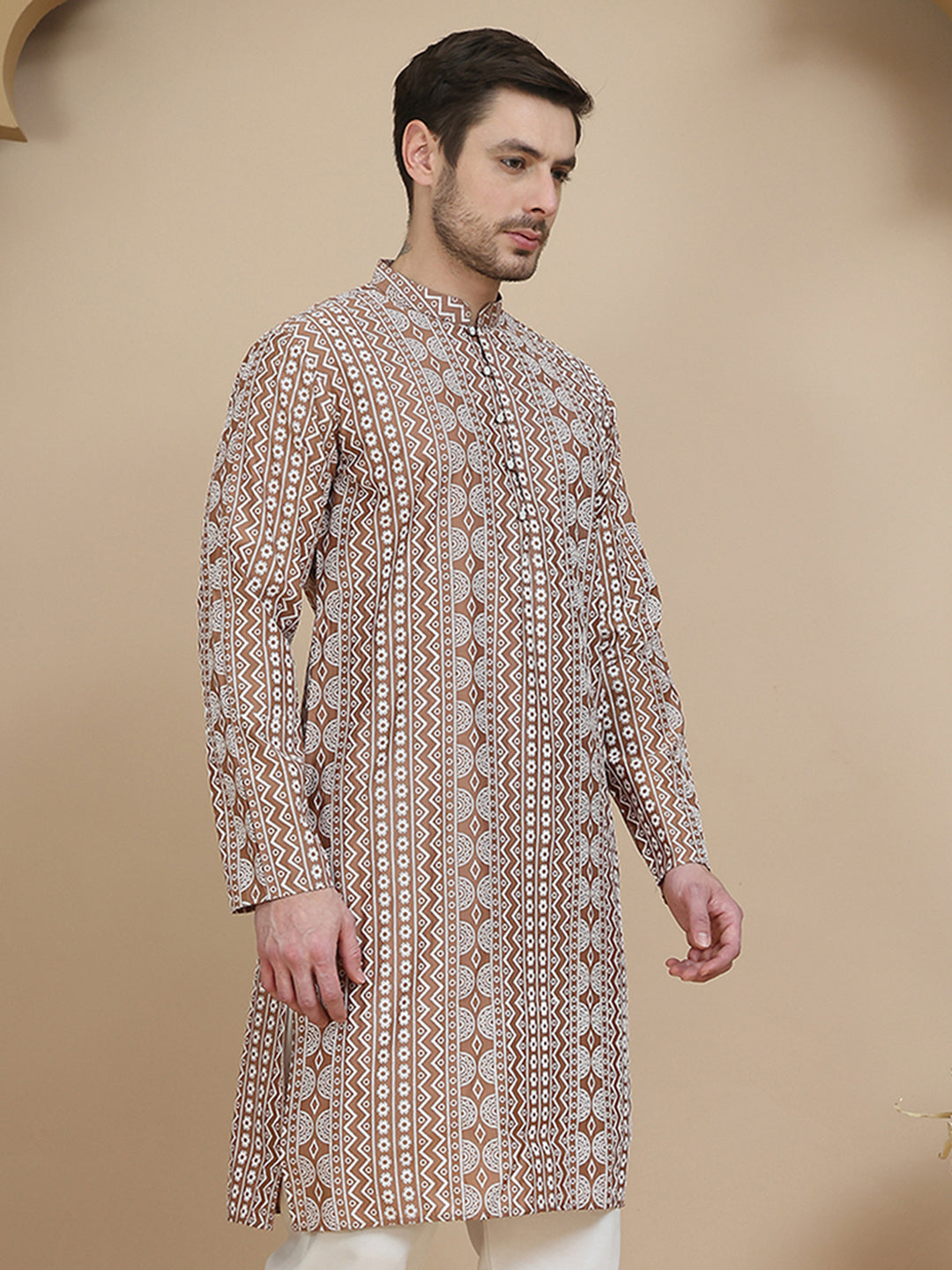 Geometric Print Silk Blend Straight Kurtas for Men ( KO 5250 Brown )