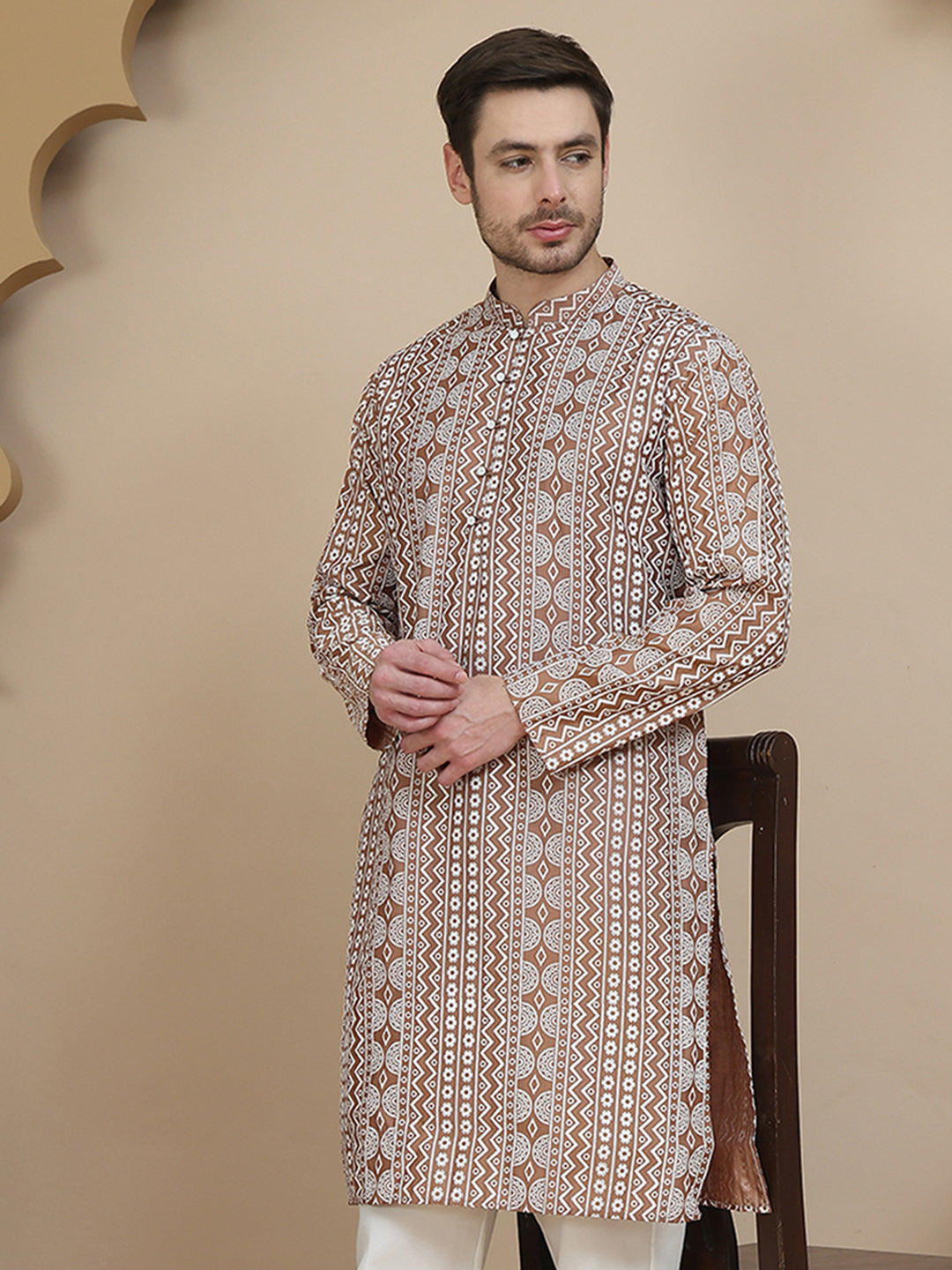 Geometric Print Silk Blend Straight Kurtas for Men ( KO 5250 Brown )