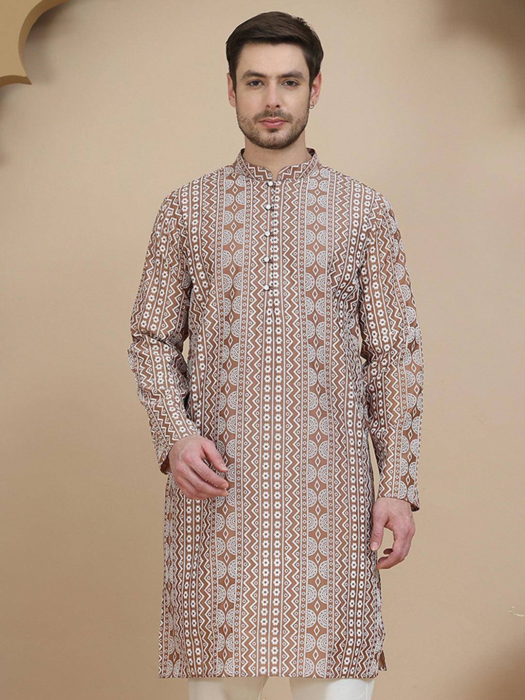 Geometric Print Silk Blend Straight Kurtas for Men ( KO 5250 Brown )