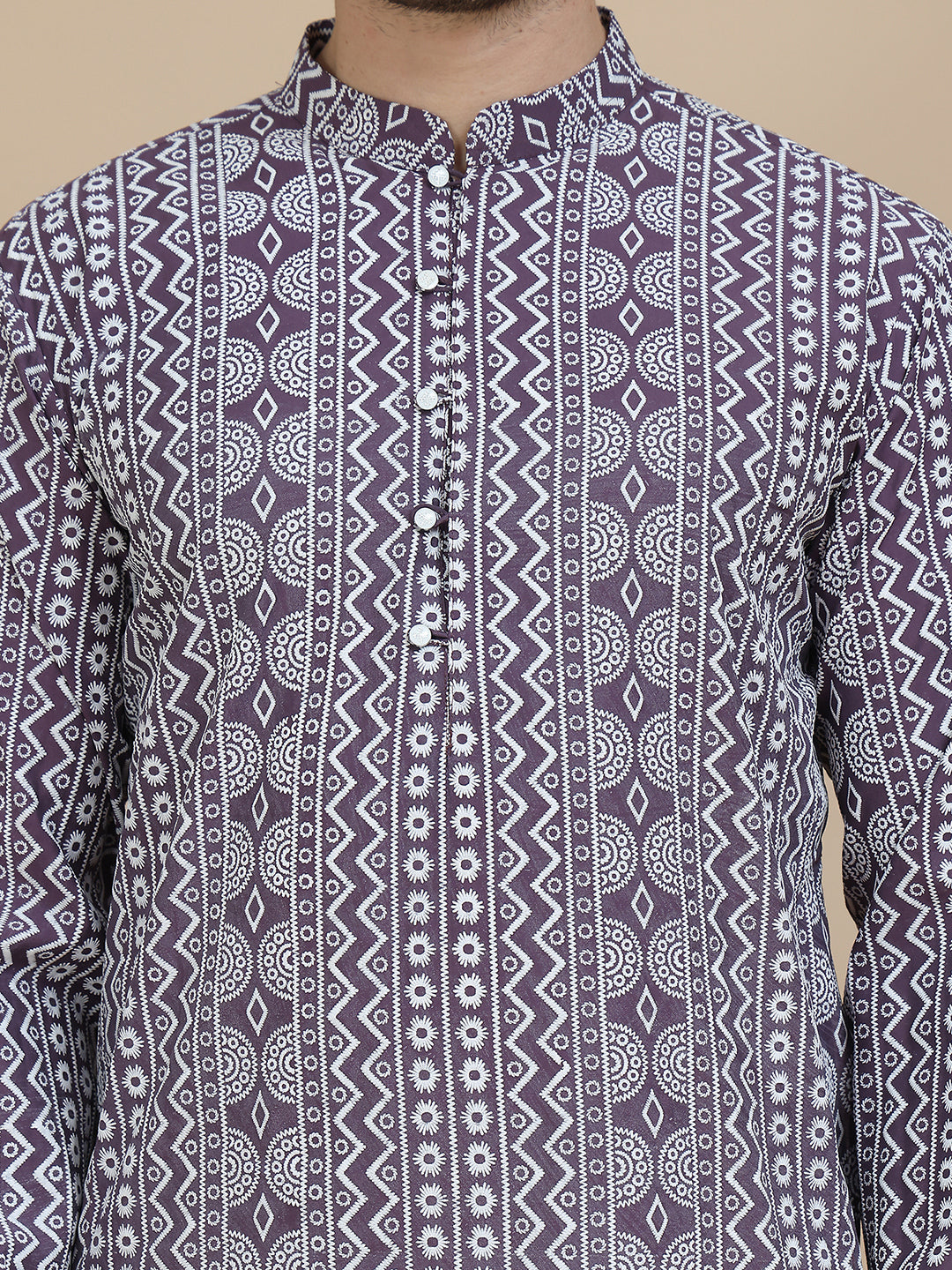 Geometric Print Silk Blend Straight Kurtas for Men ( KO 5250 Purple )