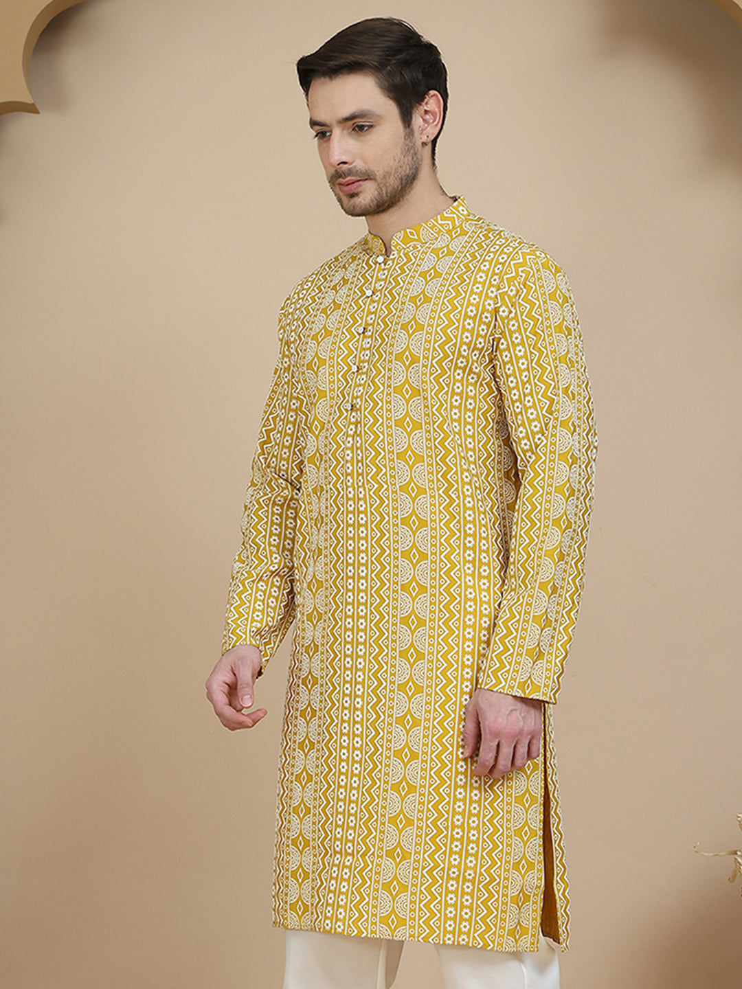 Geometric Print Silk Blend Straight Kurtas for Men ( KO 5250 Yellow )
