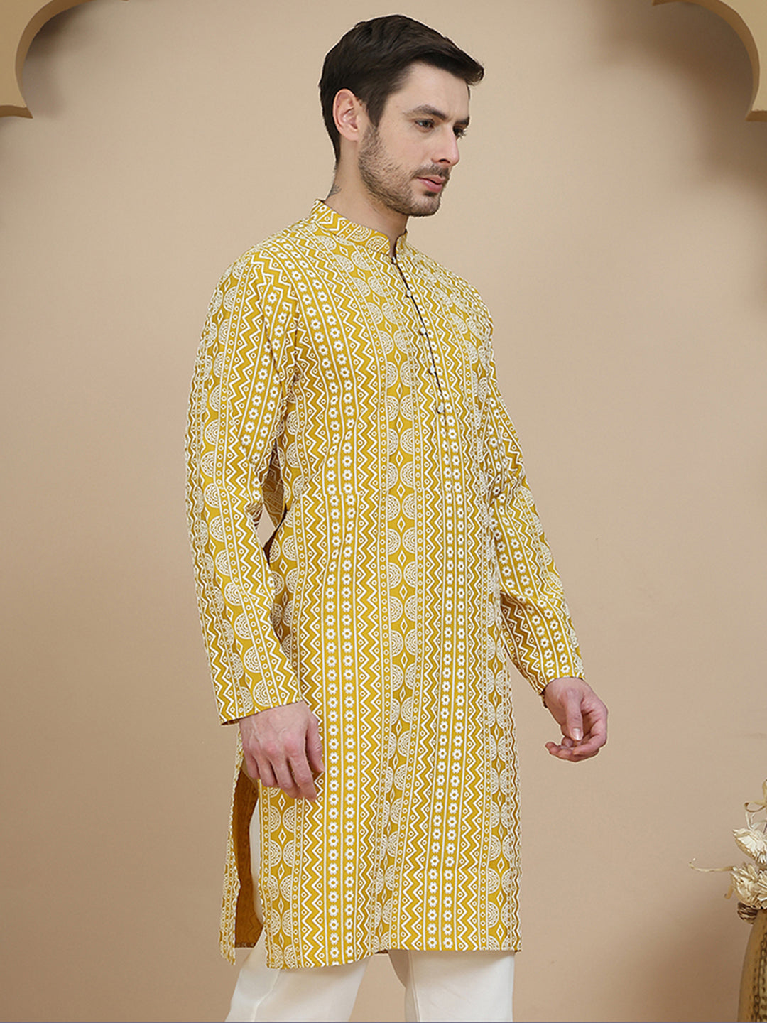 Geometric Print Silk Blend Straight Kurtas for Men ( KO 5250 Yellow )