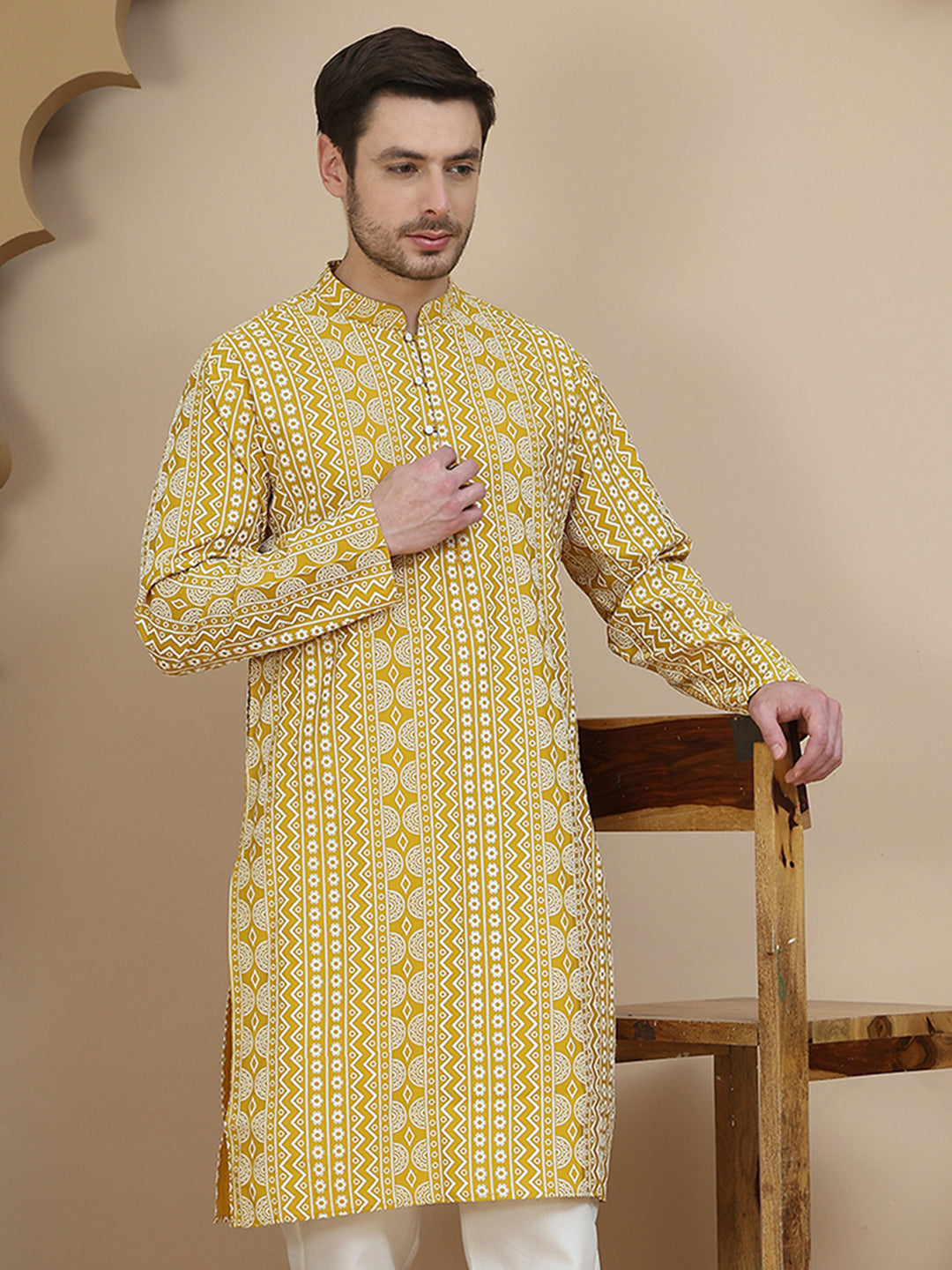 Geometric Print Silk Blend Straight Kurtas for Men ( KO 5250 Yellow )