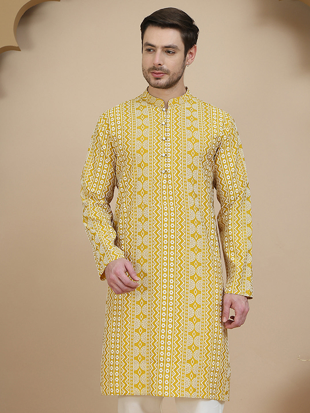 Geometric Print Silk Blend Straight Kurtas for Men ( KO 5250 Yellow )