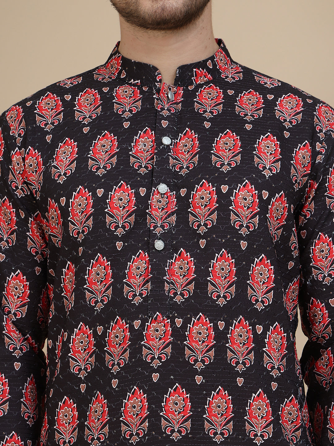 Printed Silk Blend Straight Kurtas for Men ( KO 5251 Black )