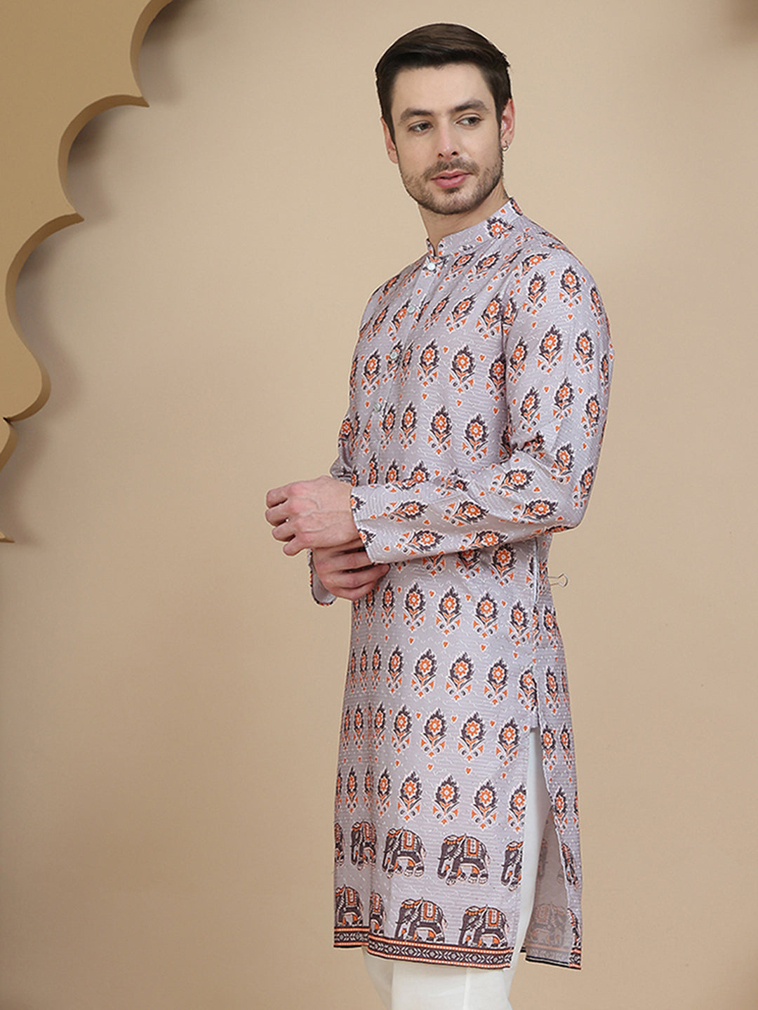 Printed Silk Blend Straight Kurtas for Men ( KO 5251 Grey )