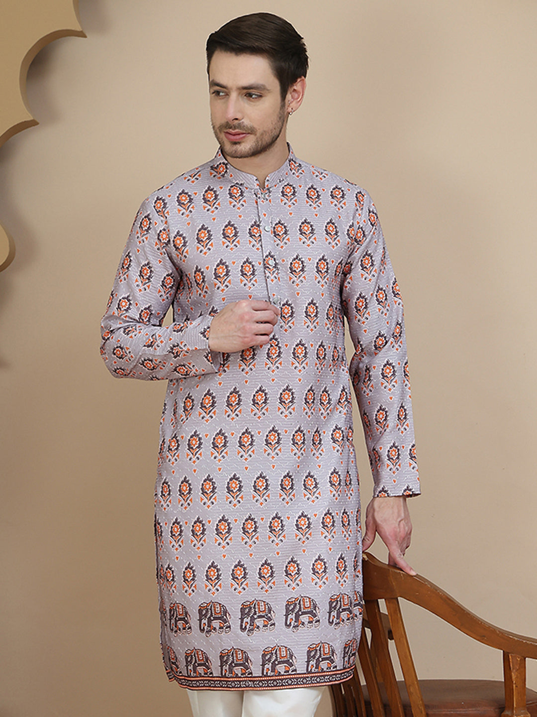 Printed Silk Blend Straight Kurtas for Men ( KO 5251 Grey )
