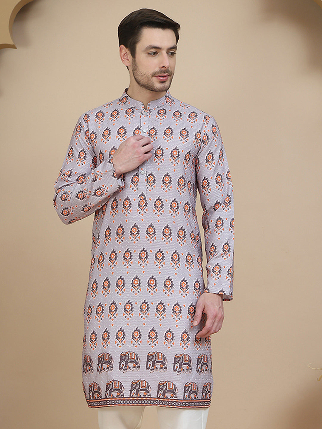 Printed Silk Blend Straight Kurtas for Men ( KO 5251 Grey )