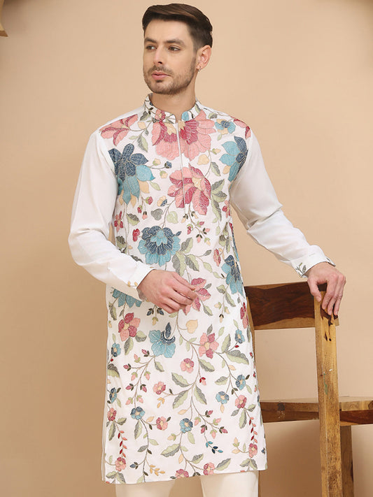 White Embroidered Kurta with Sequins & Zari Work ( KO 5255 White )