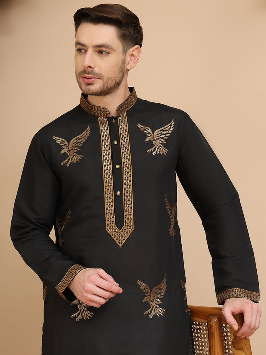 Silk Blend Kurtas with Golden Eagle Embroidery ( KO 5256 Black )