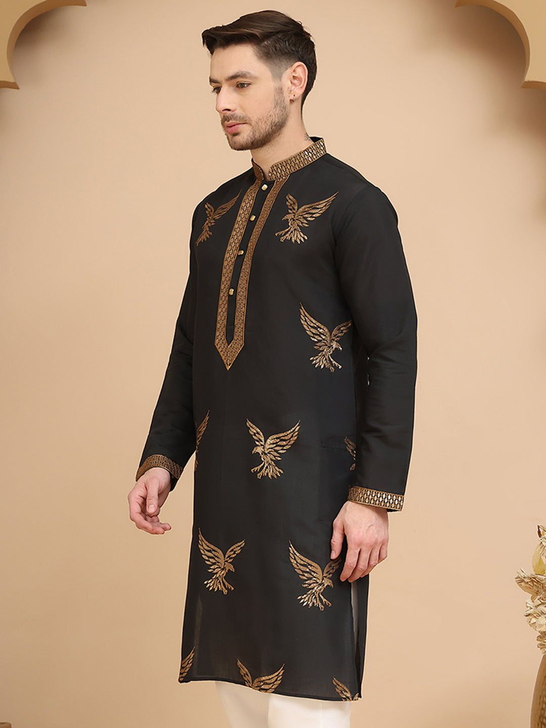 Silk Blend Kurtas with Golden Eagle Embroidery ( KO 5256 Black )