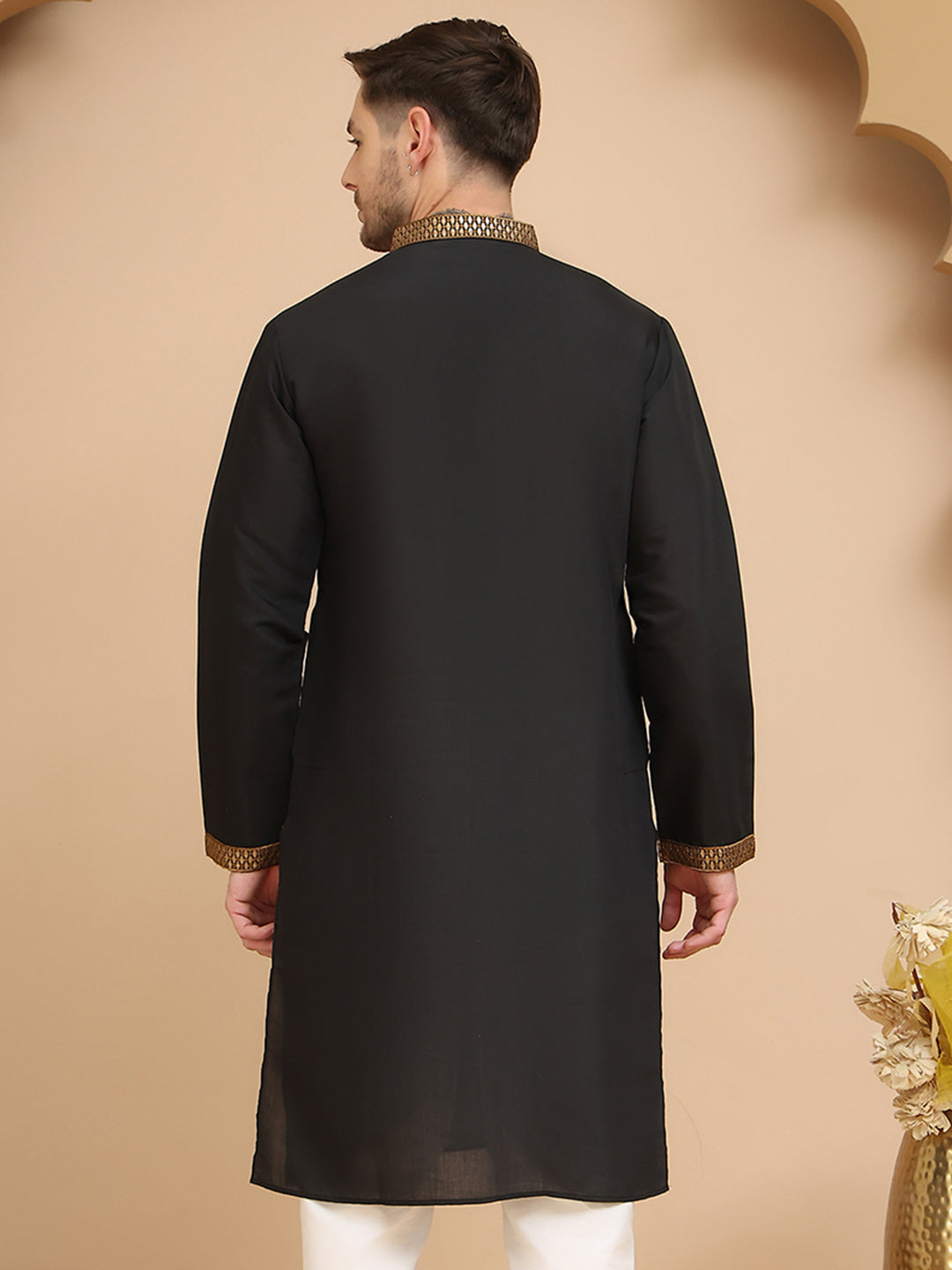 Silk Blend Kurtas with Golden Eagle Embroidery ( KO 5256 Black )