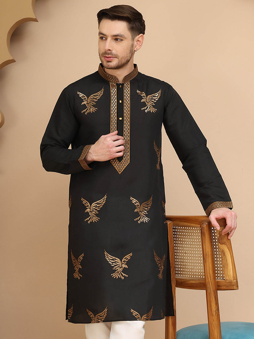 Silk Blend Kurtas with Golden Eagle Embroidery ( KO 5256 Black )