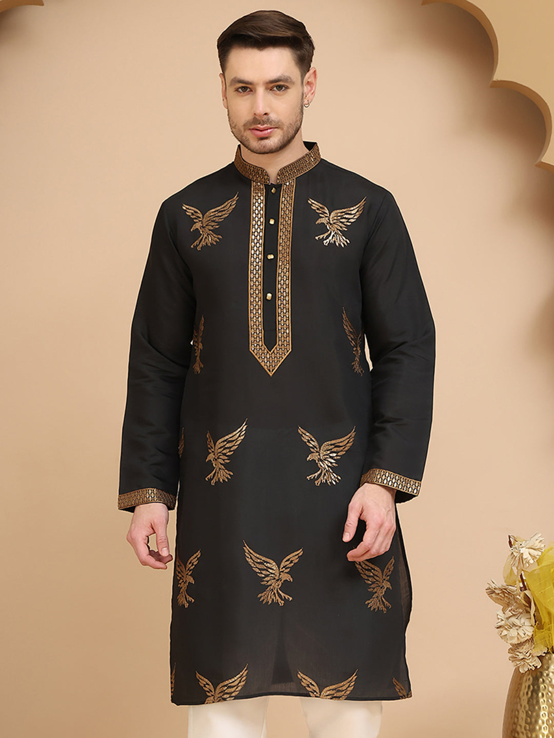 Silk Blend Kurtas with Golden Eagle Embroidery ( KO 5256 Black )