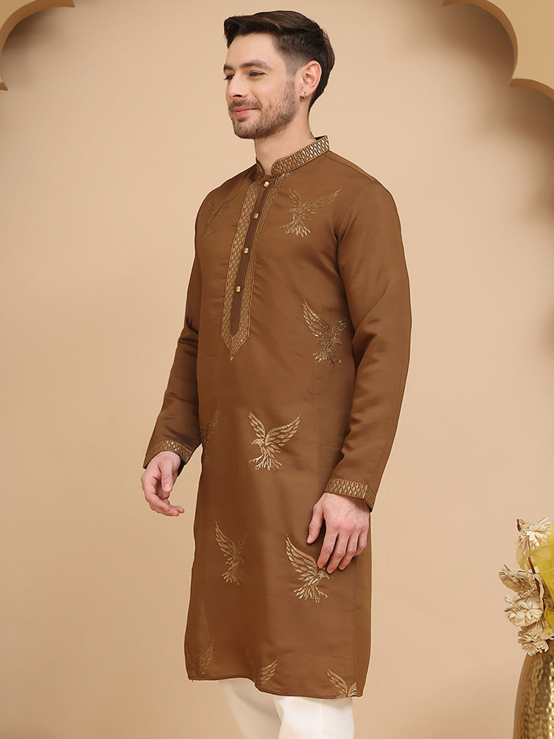 Silk Blend Kurtas with Golden Eagle Embroidery ( KO 5256 Brown )