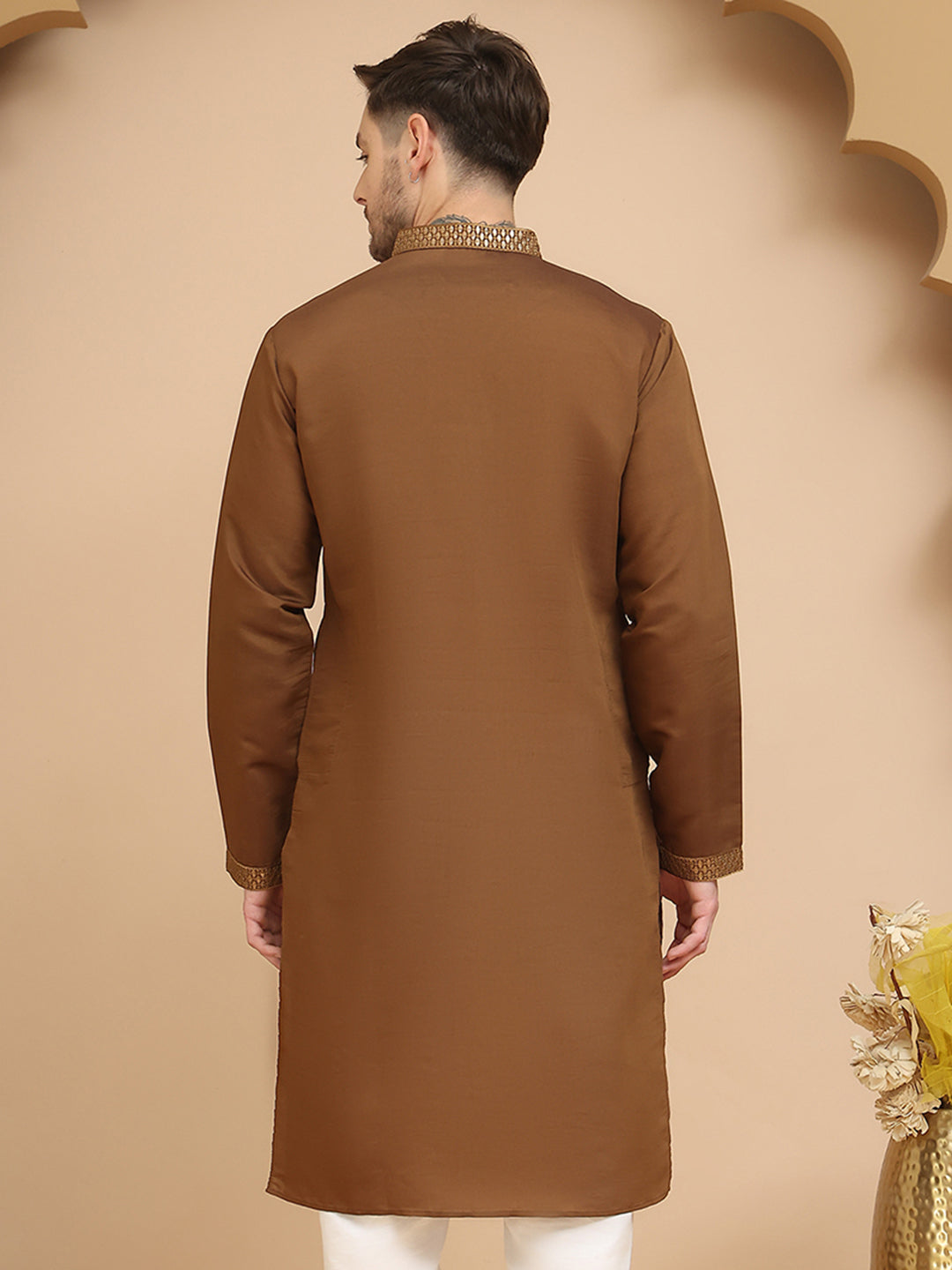 Silk Blend Kurtas with Golden Eagle Embroidery ( KO 5256 Brown )