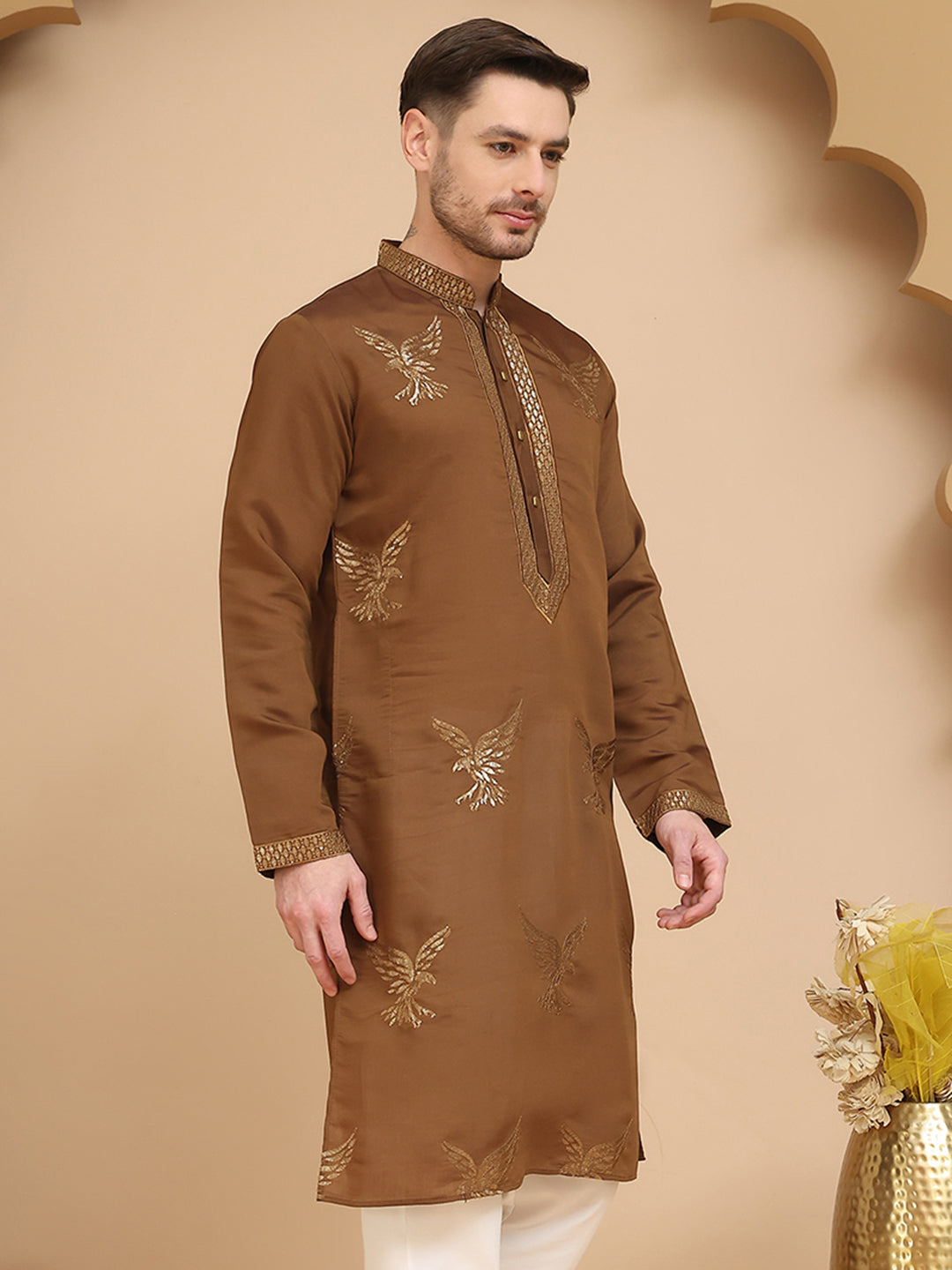 Silk Blend Kurtas with Golden Eagle Embroidery ( KO 5256 Brown )
