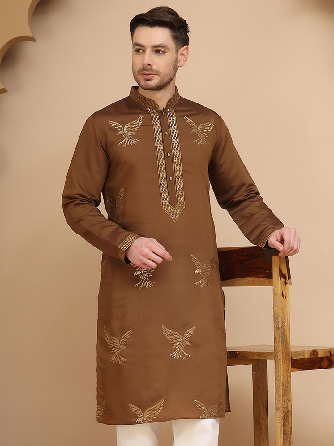 Silk Blend Kurtas with Golden Eagle Embroidery ( KO 5256 Brown )